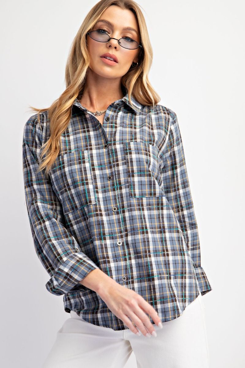 Easel Plaid Button Down Top in Denim