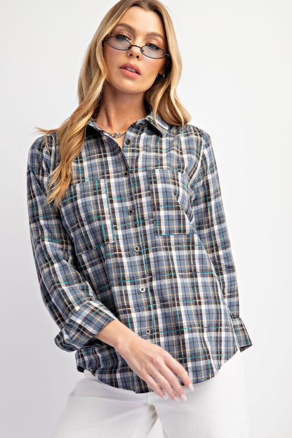 Easel Plaid Button Down Top in Denim
