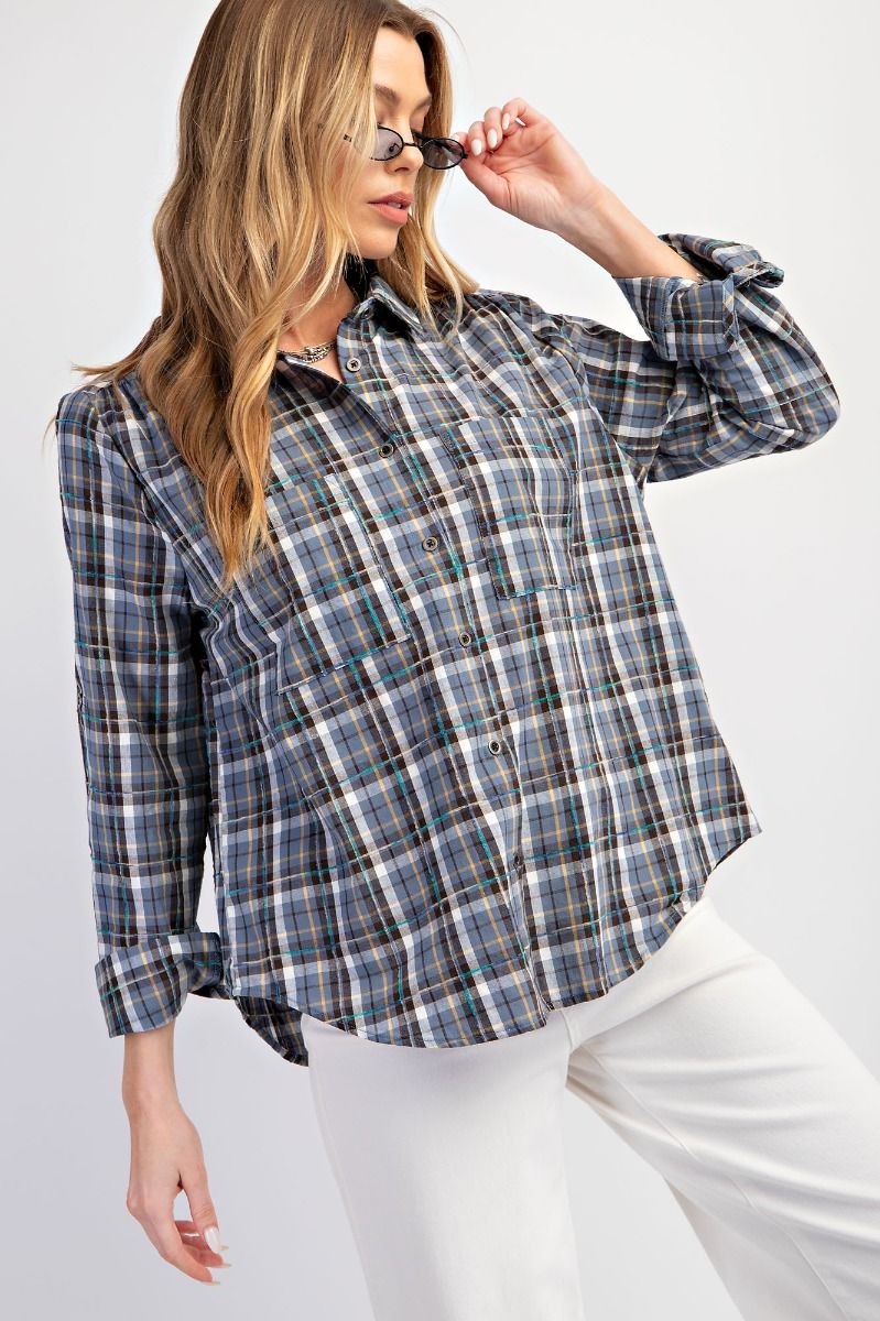 Easel Plaid Button Down Top in Denim