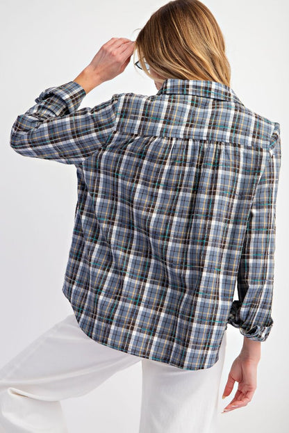 Easel Plaid Button Down Top in Denim