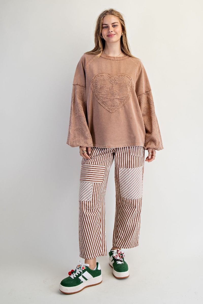Easel Eyelet Lace Heart Patched Top in Almond