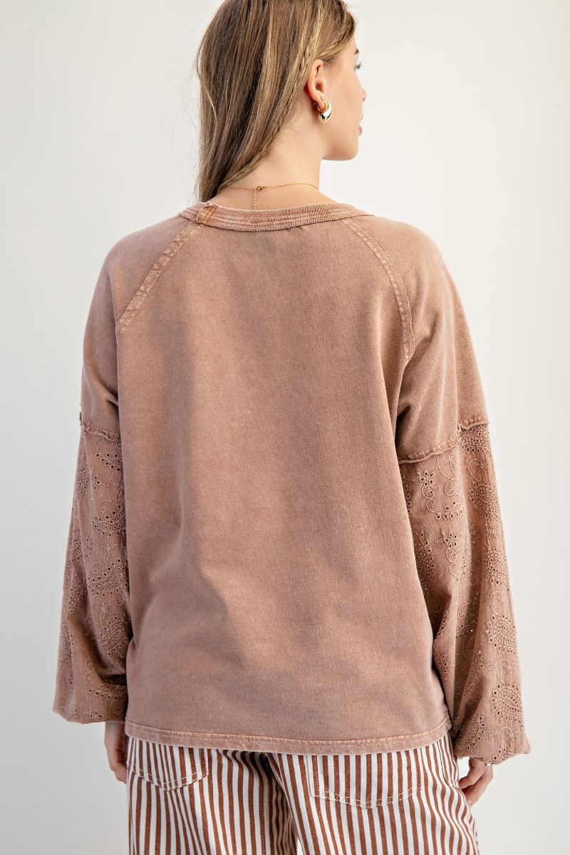 Easel Eyelet Lace Heart Patched Top in Almond