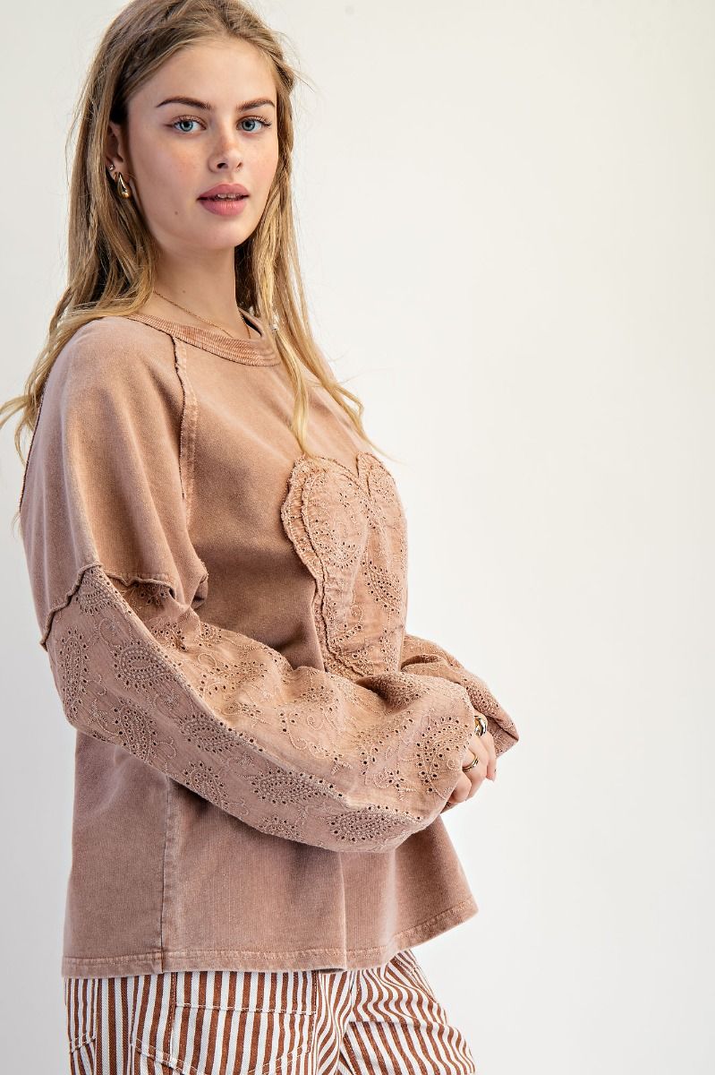 Easel Eyelet Lace Heart Patched Top in Almond