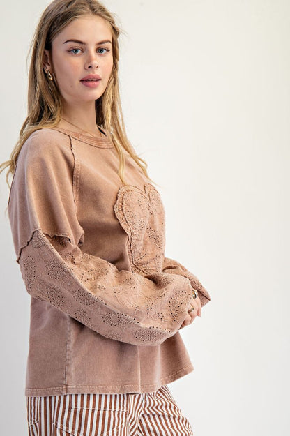 Easel Eyelet Lace Heart Patched Top in Almond