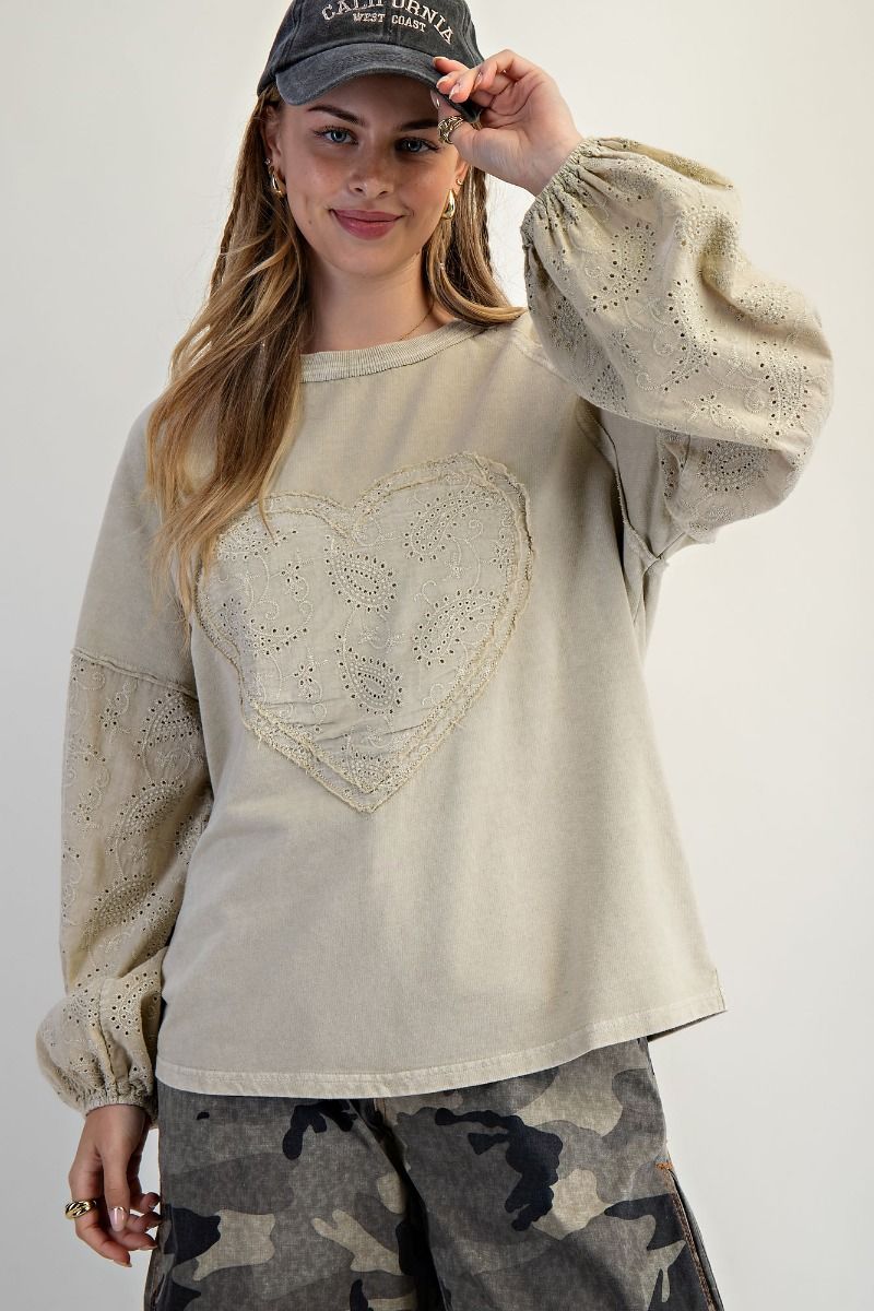 Easel Eyelet Lace Heart Patched Top in Faded Sage