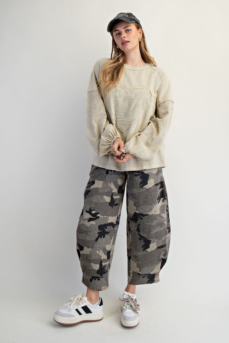 Easel Eyelet Lace Heart Patched Top in Faded Sage