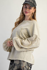 Easel Eyelet Lace Heart Patched Top in Faded Sage