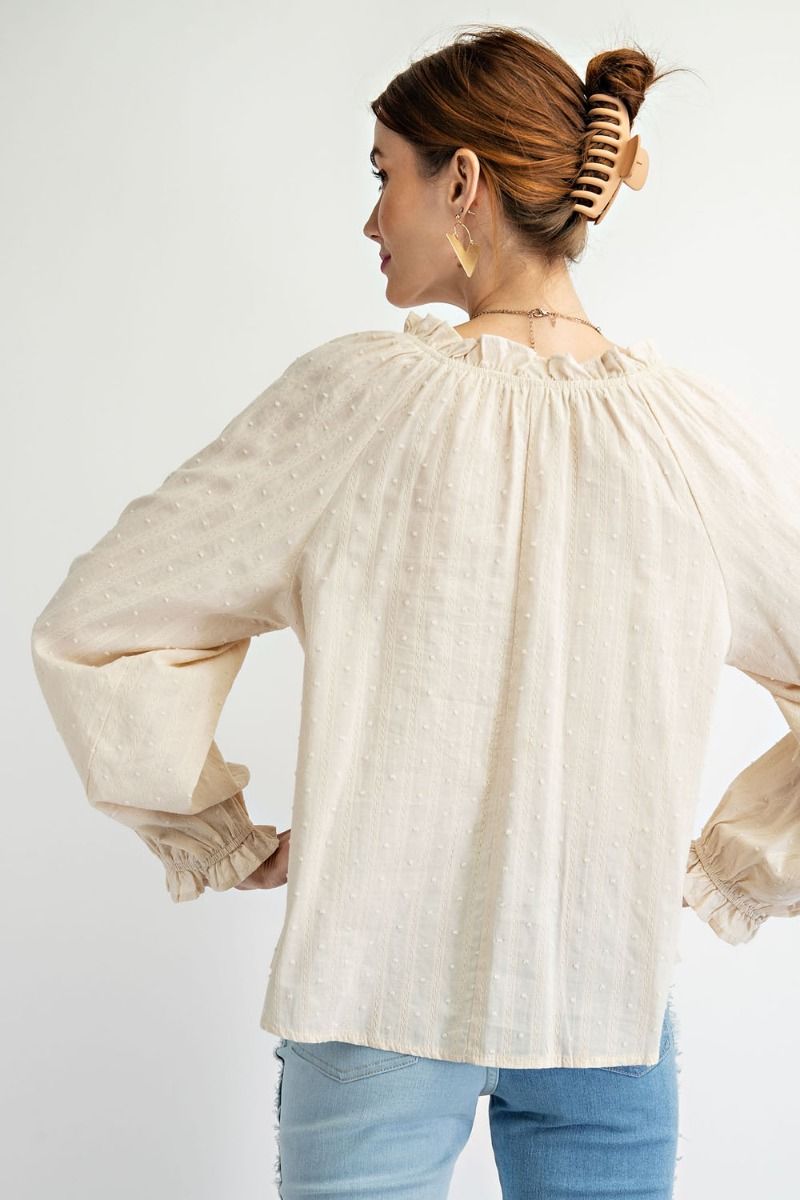 Easel Gauze Top with Contrasting Color Embroidery in Eggshell