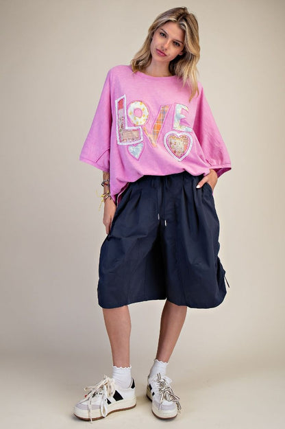 Easel Mineral Washed LOVE Patched Cotton Top in Candy Pink