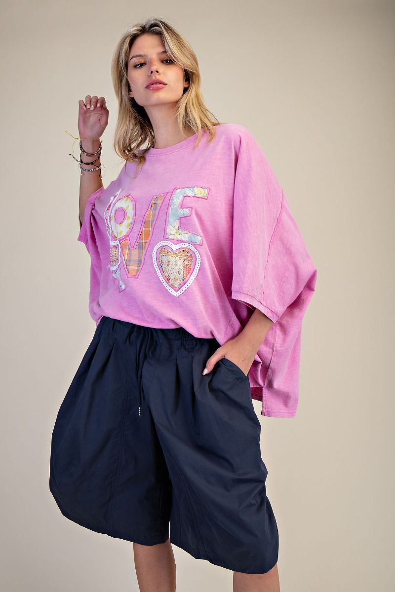 Easel Mineral Washed LOVE Patched Cotton Top in Candy Pink