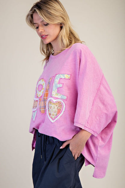 Easel Mineral Washed LOVE Patched Cotton Top in Candy Pink
