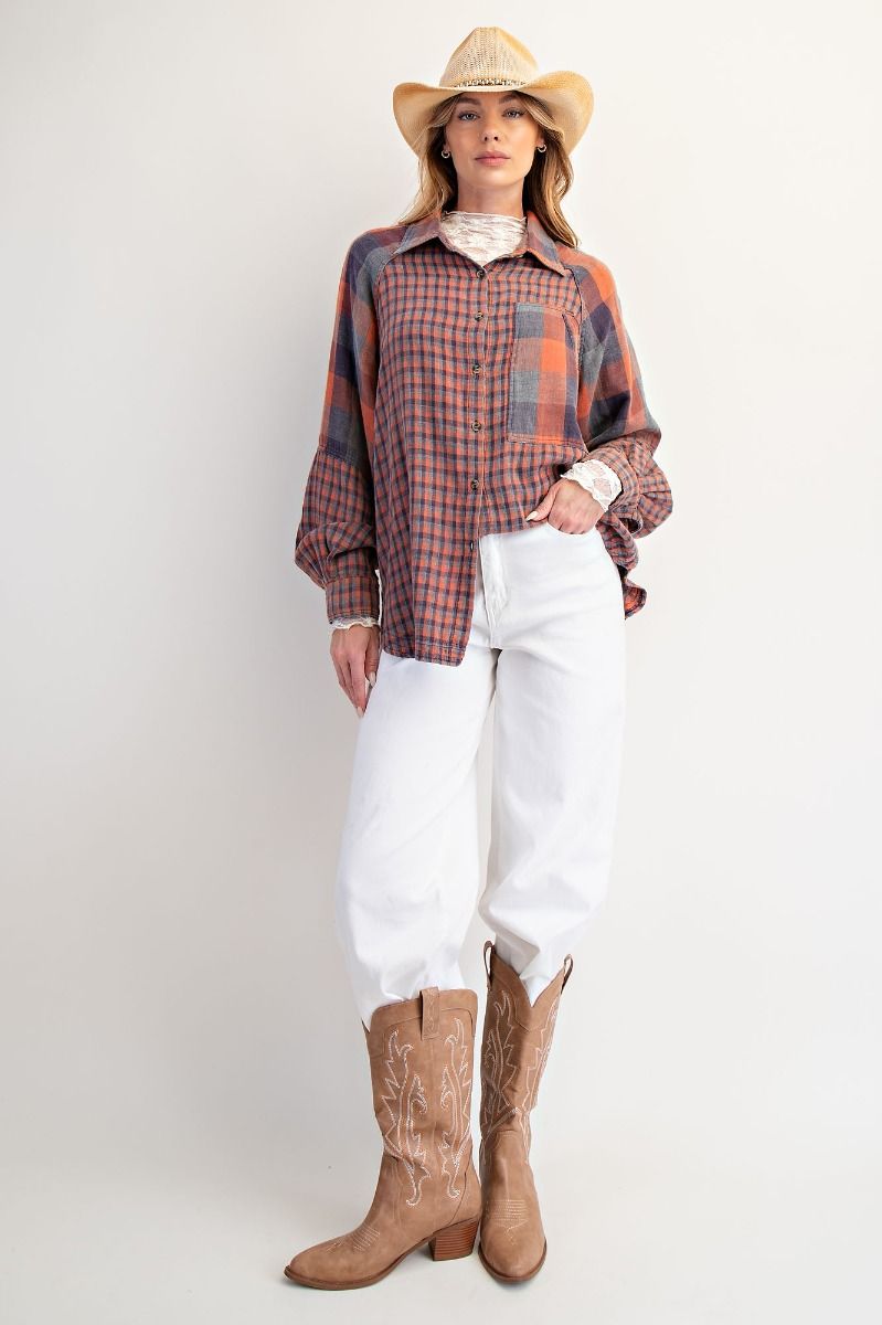 Easel Contrasting Plaid Button Down Top in Vintage Rose