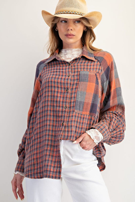 Easel Contrasting Plaid Button Down Top in Vintage Rose