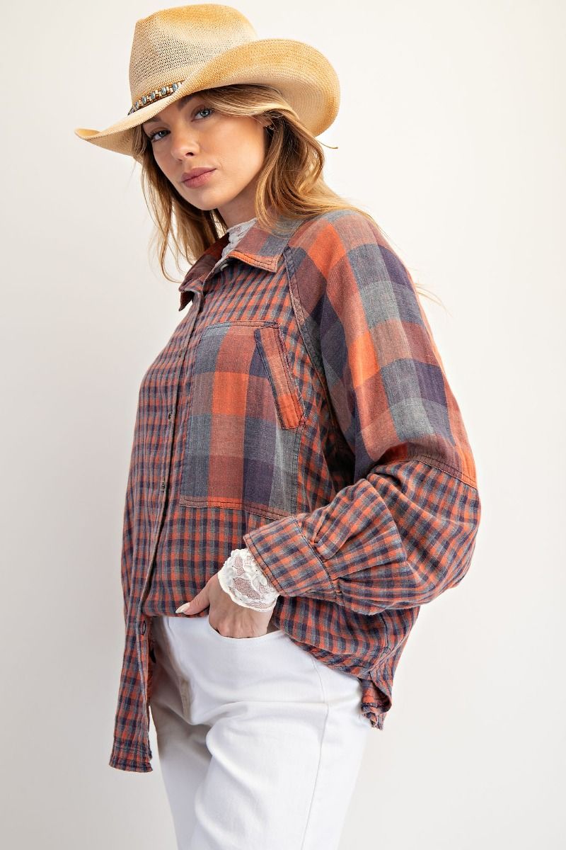Easel Contrasting Plaid Button Down Top in Vintage Rose