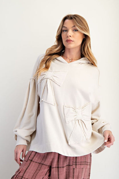 Easel Solid Color Terry Knit Bow Patch Hooded Top on Ecru