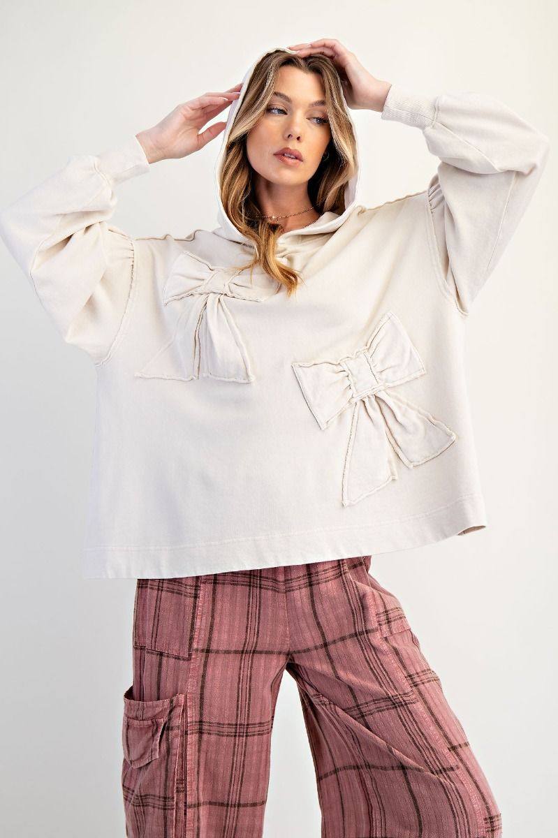 Easel Solid Color Terry Knit Bow Patch Hooded Top on Ecru