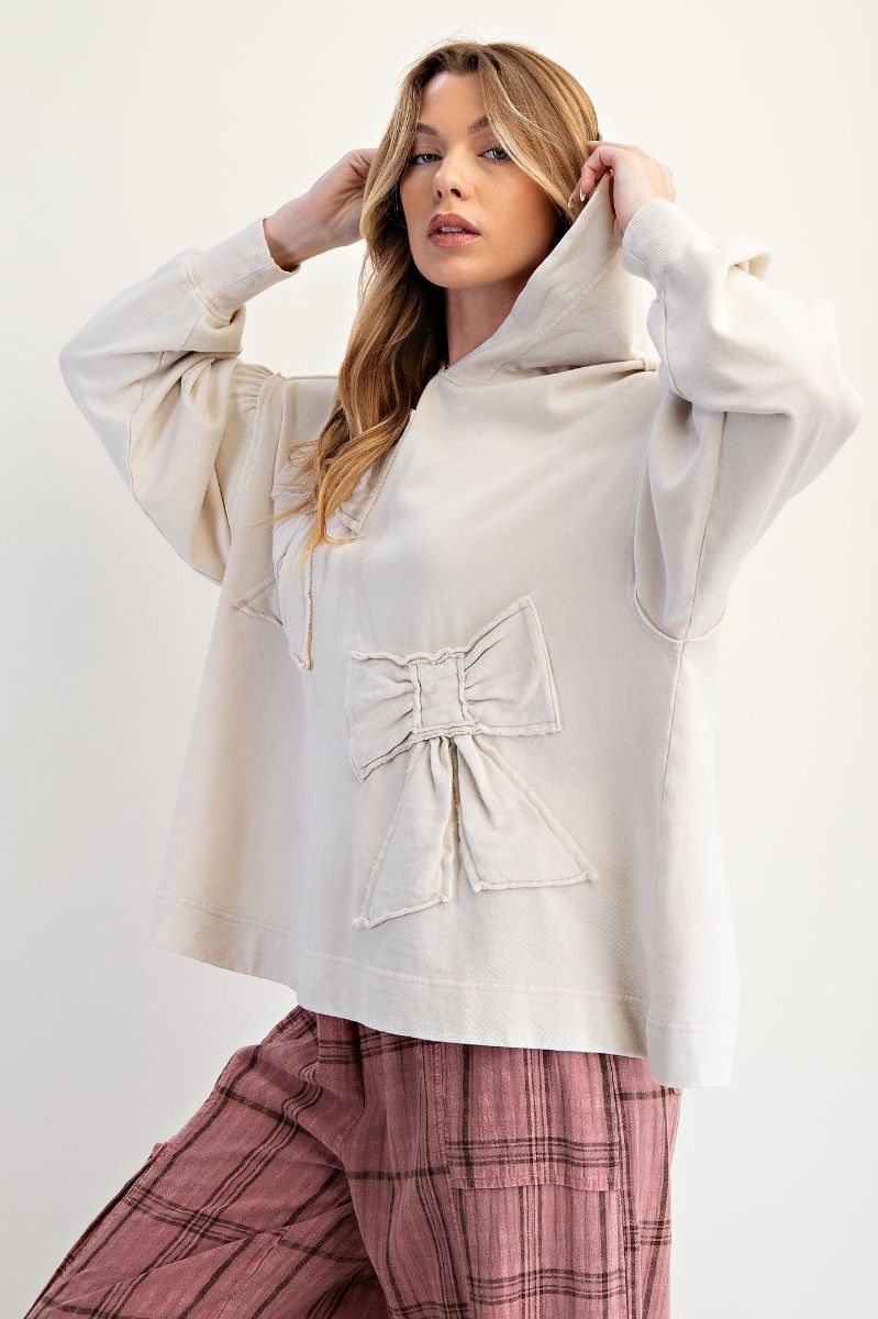 Easel Solid Color Terry Knit Bow Patch Hooded Top on Ecru