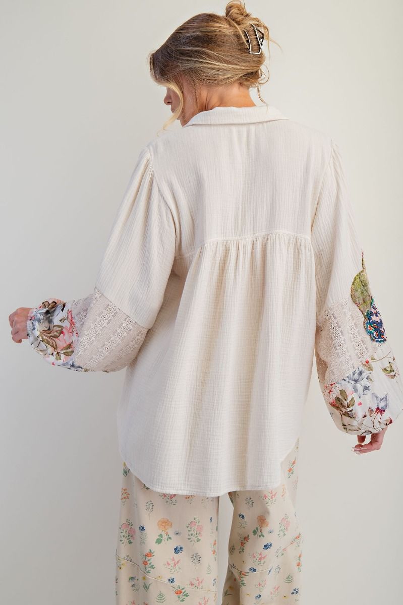 Easel Patched Detail Cotton Gauze Top in Ecru