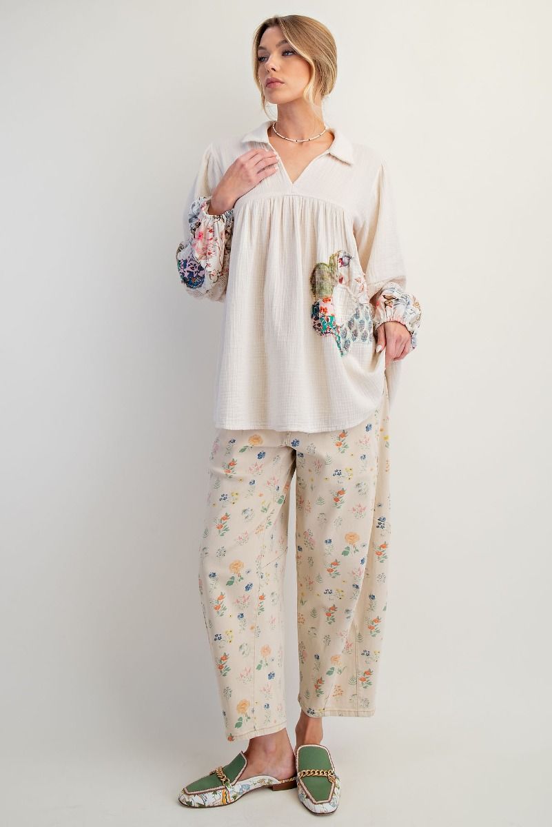 Easel Patched Detail Cotton Gauze Top in Ecru