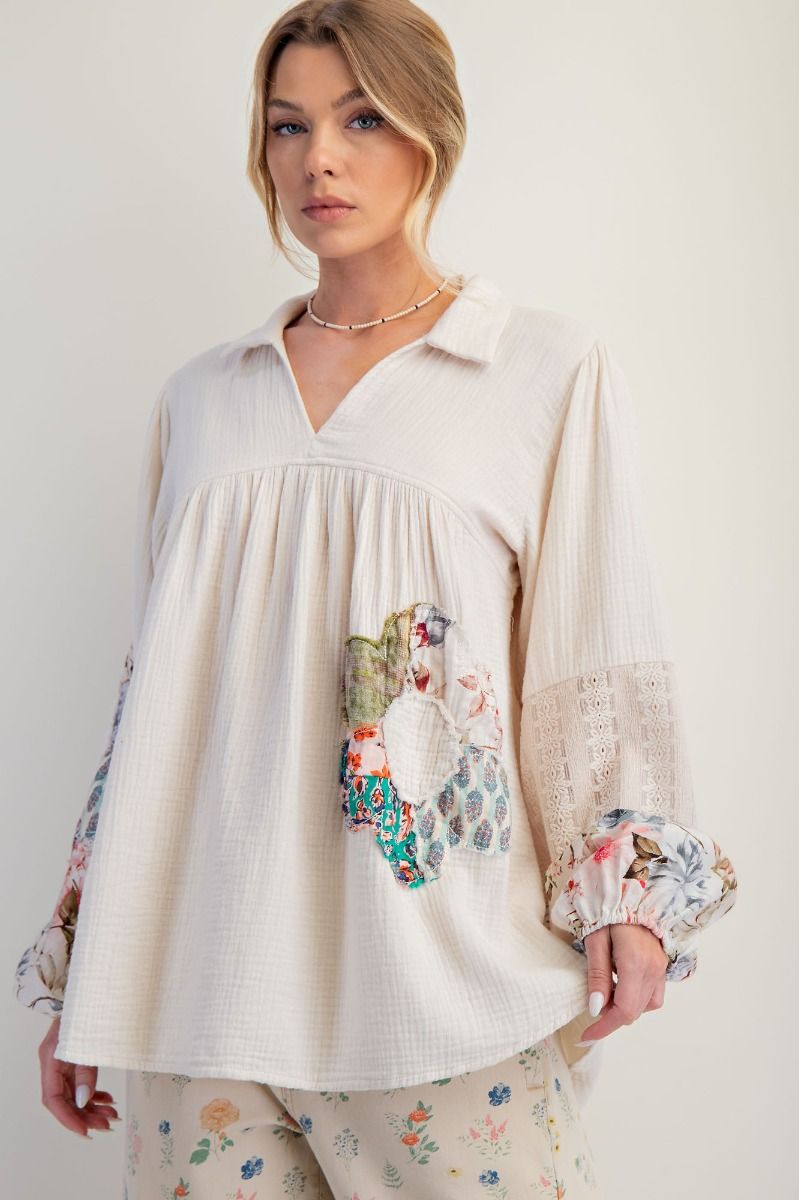 Easel Patched Detail Cotton Gauze Top in Ecru
