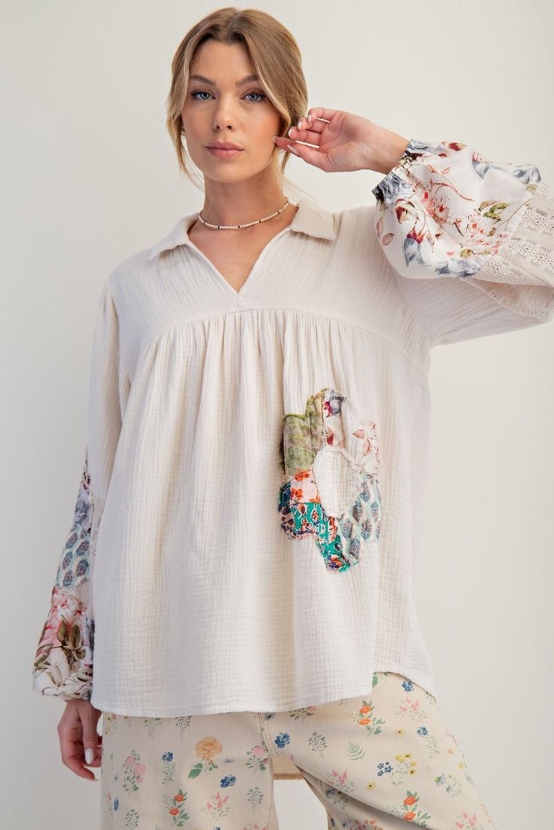 Easel Patched Detail Cotton Gauze Top in Ecru