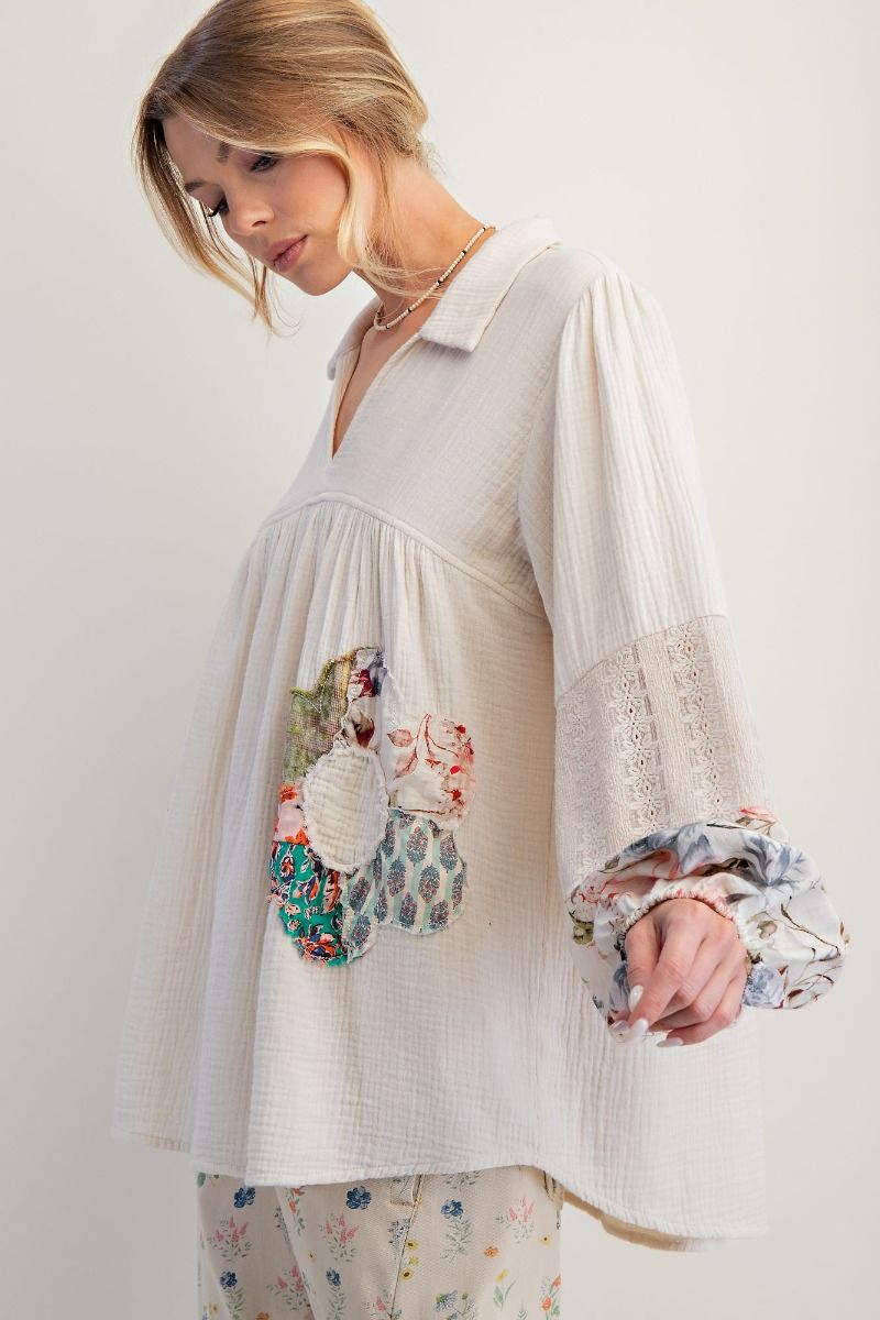 Easel Patched Detail Cotton Gauze Top in Ecru