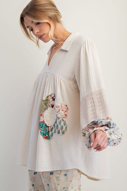 Easel Patched Detail Cotton Gauze Top in Ecru