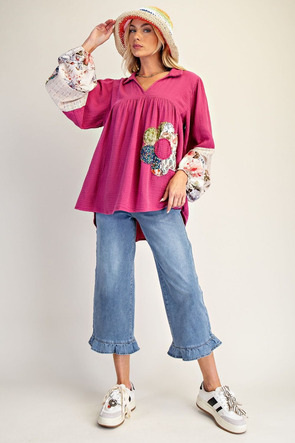 Easel Patched Detail Cotton Gauze Top in Magenta