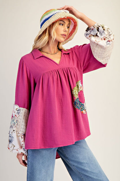 Easel Patched Detail Cotton Gauze Top in Magenta
