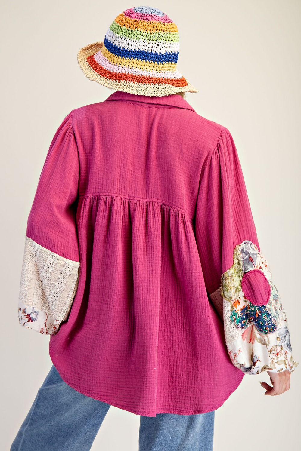 Easel Patched Detail Cotton Gauze Top in Magenta