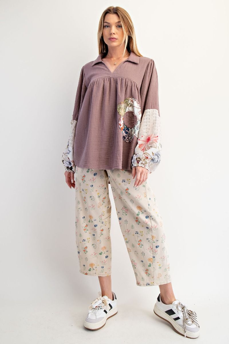 Easel Patched Detail Cotton Gauze Top in Mocha
