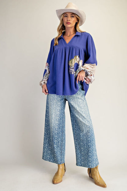 Easel Patched Detail Cotton Gauze Top in Royal Blue