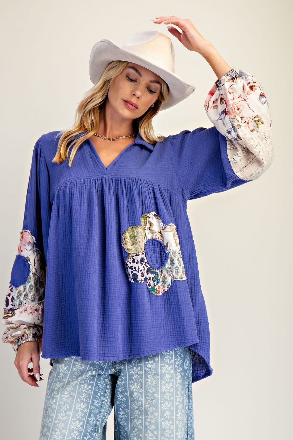 Easel Patched Detail Cotton Gauze Top in Royal Blue