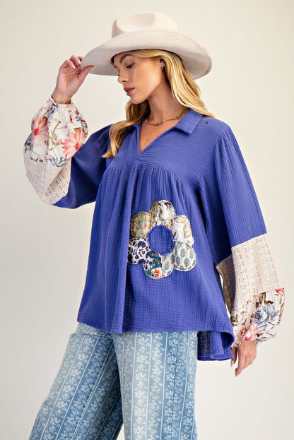 Easel Patched Detail Cotton Gauze Top in Royal Blue