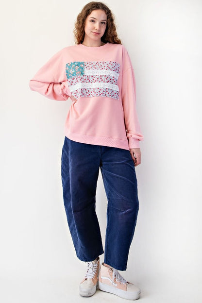 Easel Mineral Washed American Flag Patched Top in Coral