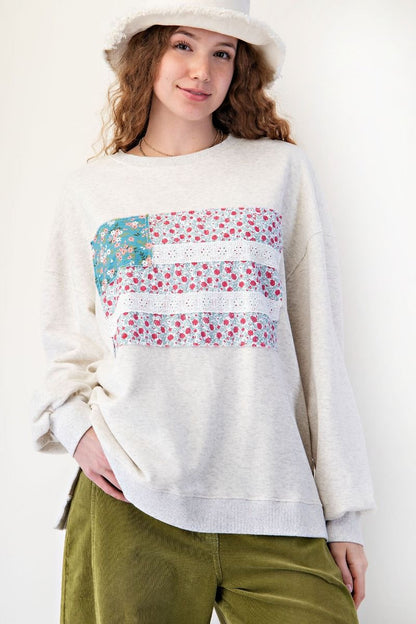 Easel Mineral Washed American Flag Patched Top in Lt Heather Grey