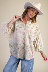 Easel Mixed Print Button Down Shirt in Ecru