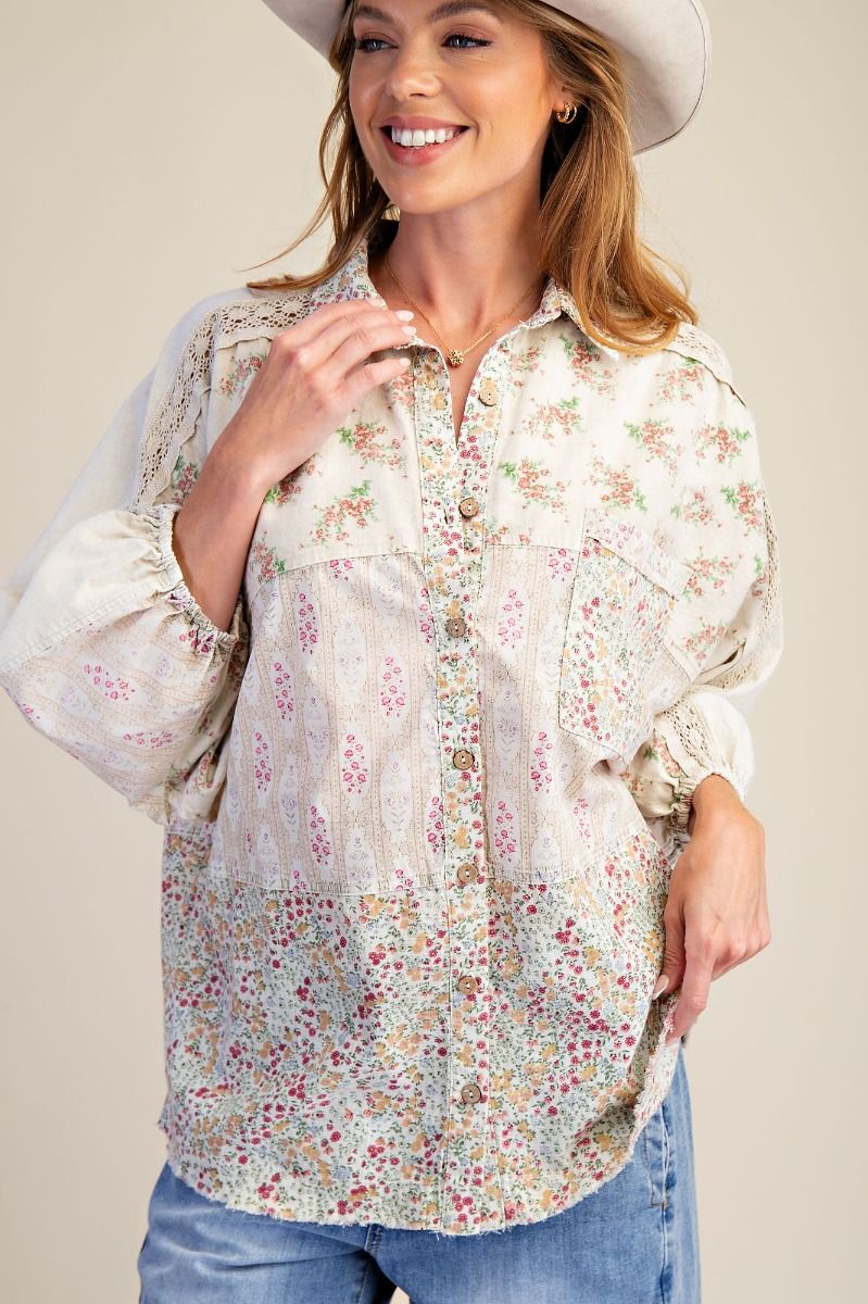 Easel Mixed Print Button Down Shirt in Ecru