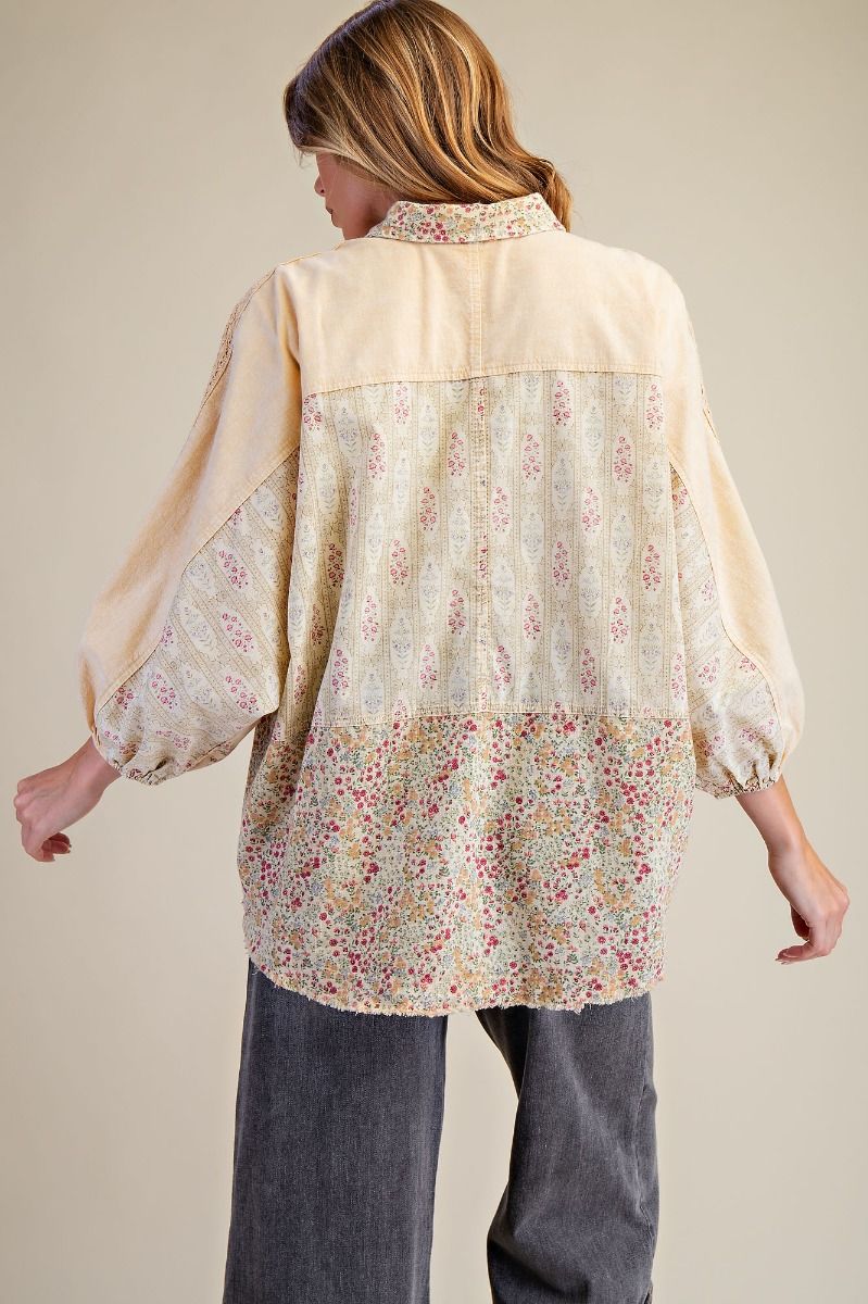 Easel Mixed Print Button Down Shirt in Straw