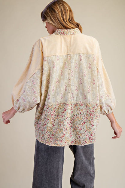 Easel Mixed Print Button Down Shirt in Straw