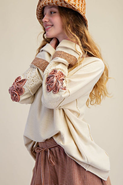 Easel Terry Knit Mixed Patched Sleeve Top in Natural