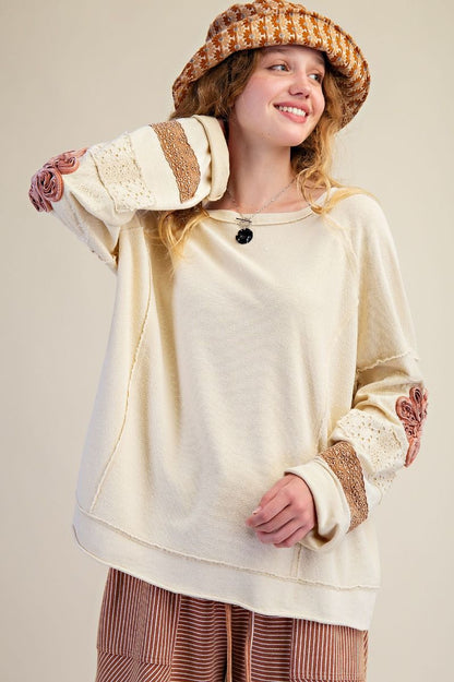 Easel Terry Knit Mixed Patched Sleeve Top in Natural
