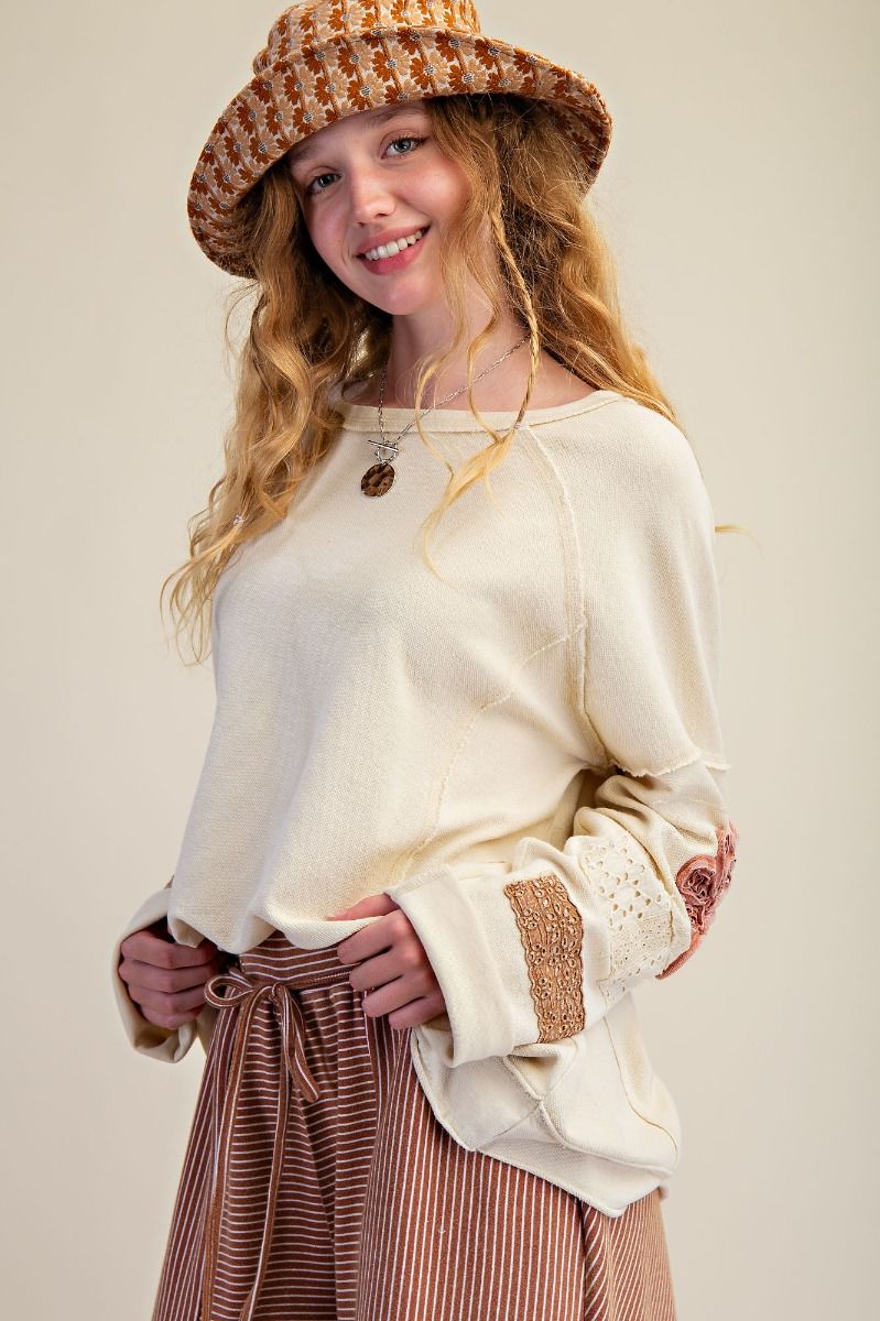 Easel Terry Knit Mixed Patched Sleeve Top in Natural