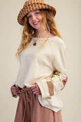 Easel Terry Knit Mixed Patched Sleeve Top in Natural
