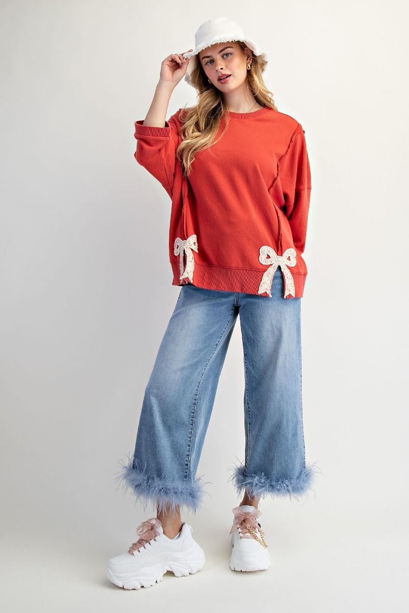Easel Solid Color Terry Knit Top with Applique Bows on Hem in Boho Red