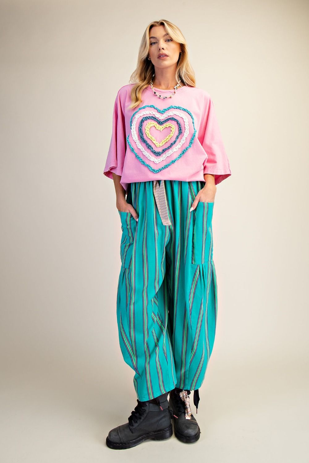 Easel Ruffle Heart Terry Knit Top in Candy Pink