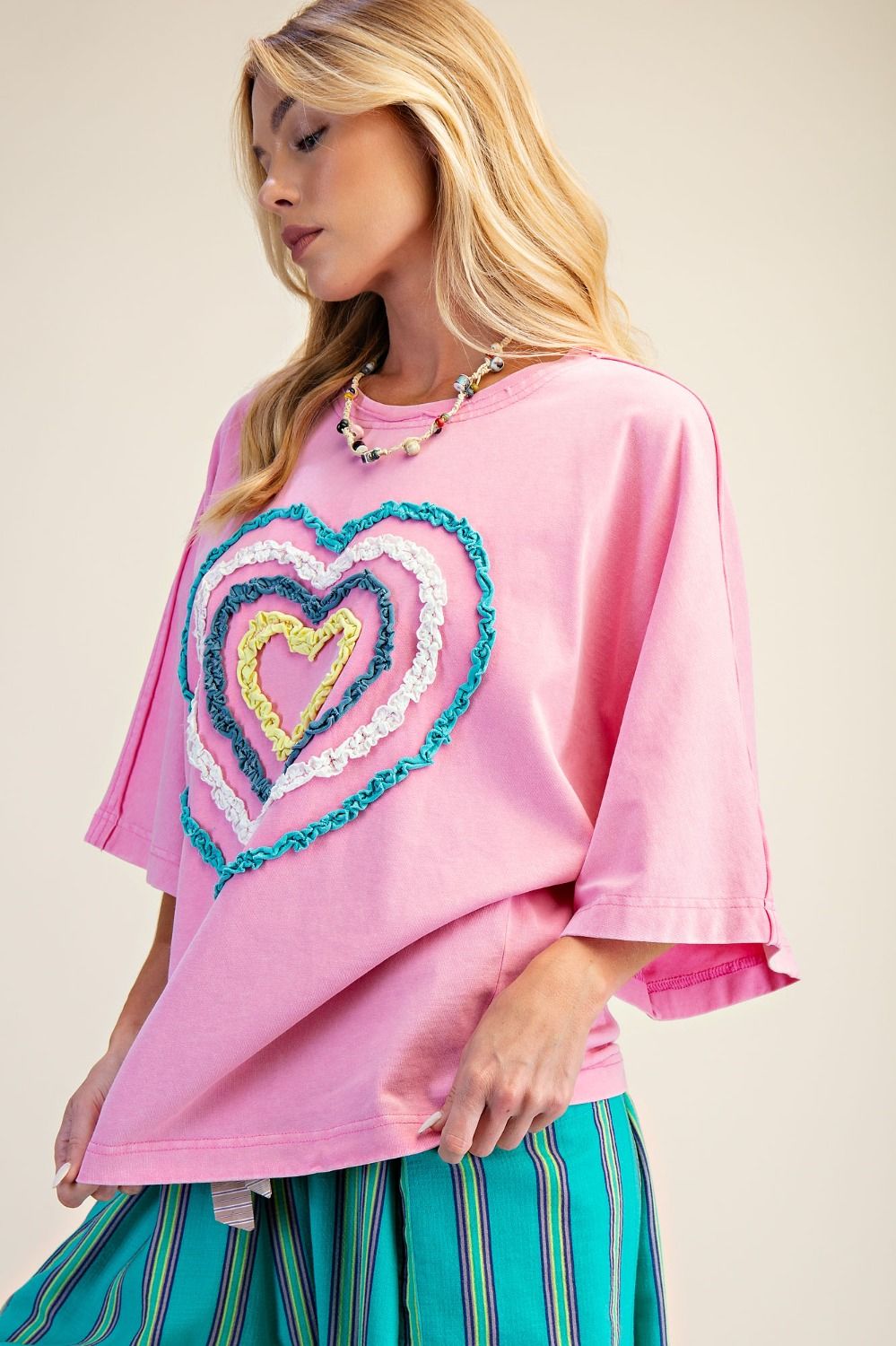 Easel Ruffle Heart Terry Knit Top in Candy Pink