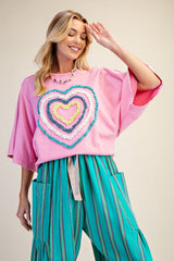 Easel Ruffle Heart Terry Knit Top in Candy Pink