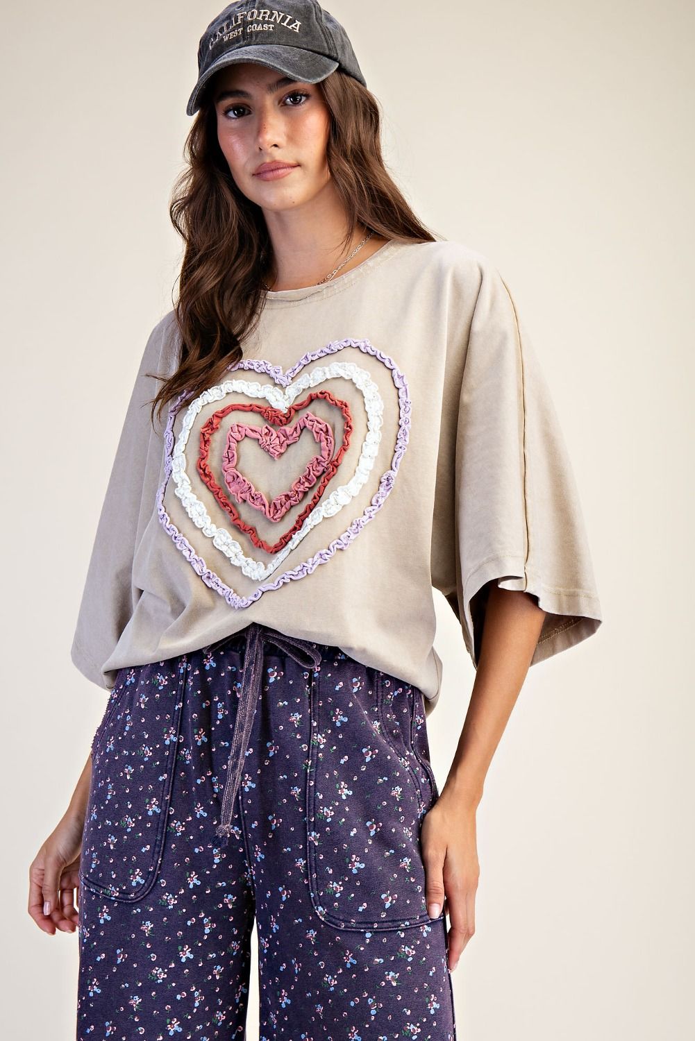 Easel Ruffle Heart Terry Knit Top in Sage Grey