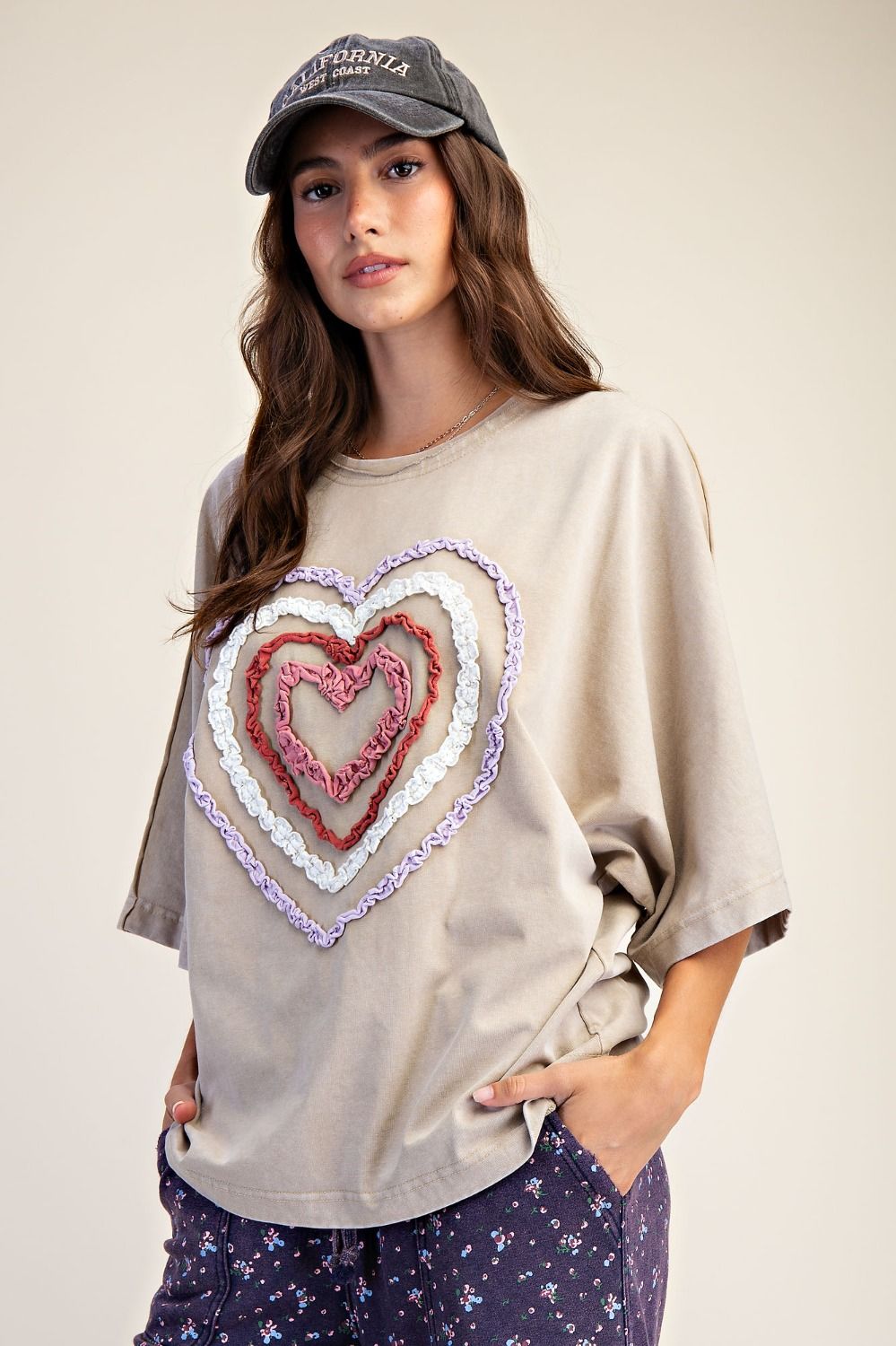 Easel Ruffle Heart Terry Knit Top in Sage Grey